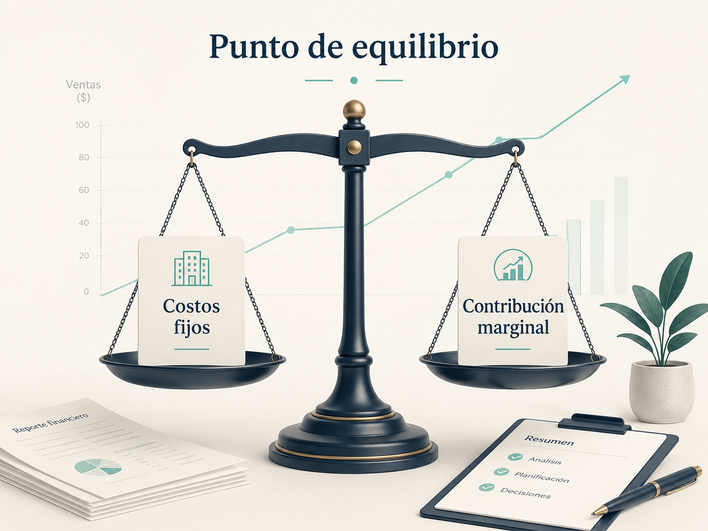 Ilustración de una balanza que representa el equilibrio entre costos fijos y margen de contribución